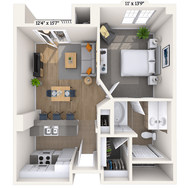 Traditional 1x1 609-641 SF 649 floor plan